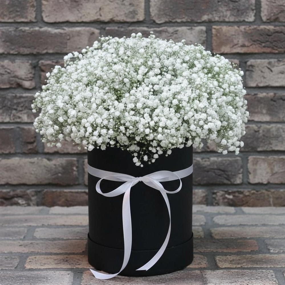 Цветочная композиция из Гипсофила в шляпной коробке в Первомайском Алтайского края